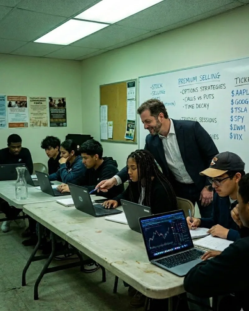 A.J. Brown teaching the system to a classroom of teenagers, a whiteboard behind him reading Premium Selling and Options Strategies